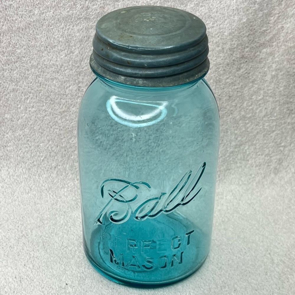 Antique Ball Blue Mason Jar w/Metal Screwtop Lid-7.5” Tall-Farmhouse-Vtg-Vintage